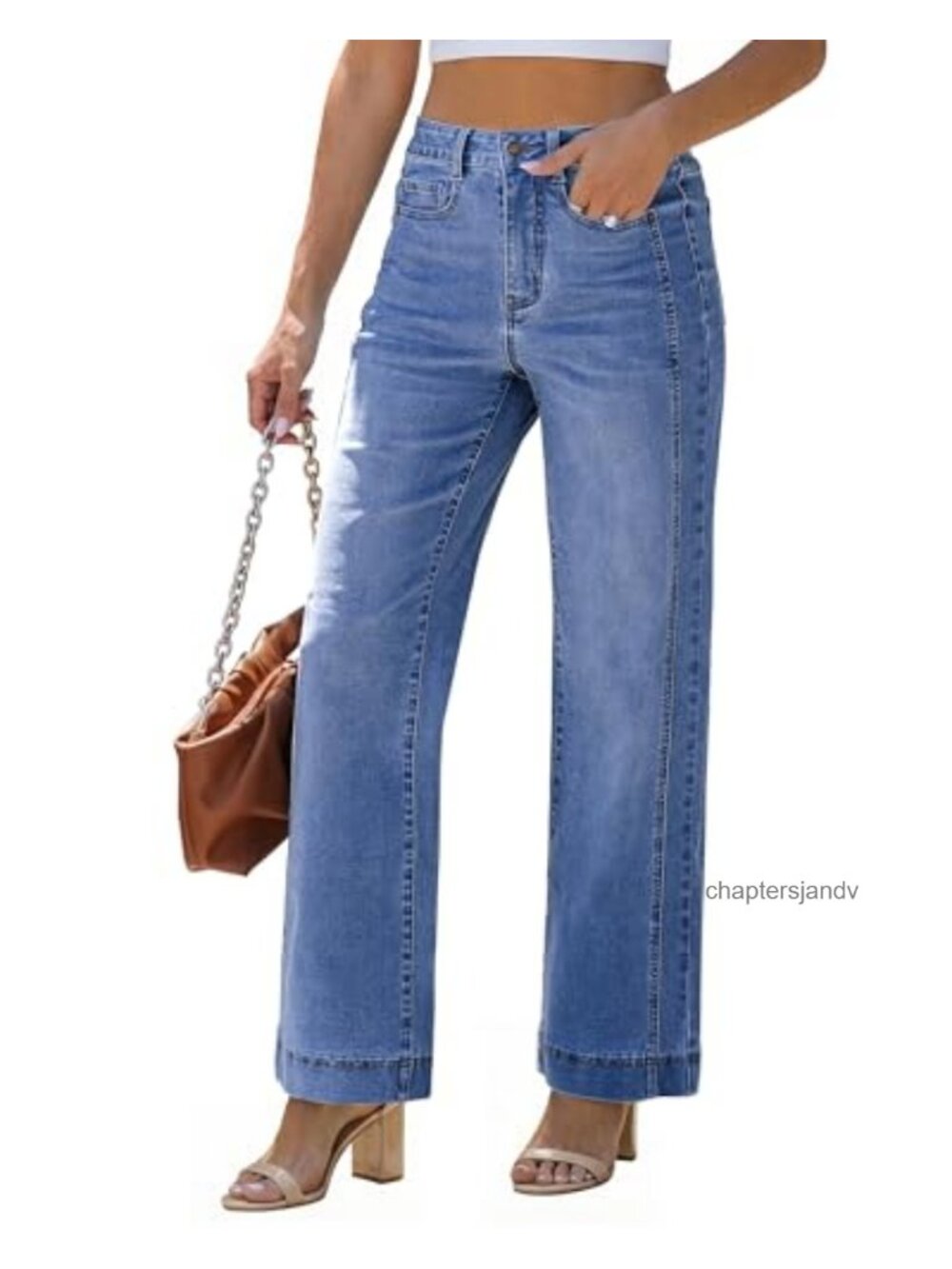 High Waisted Wide Leg Jeans Double Side Seams Stretchy Denim Pants
